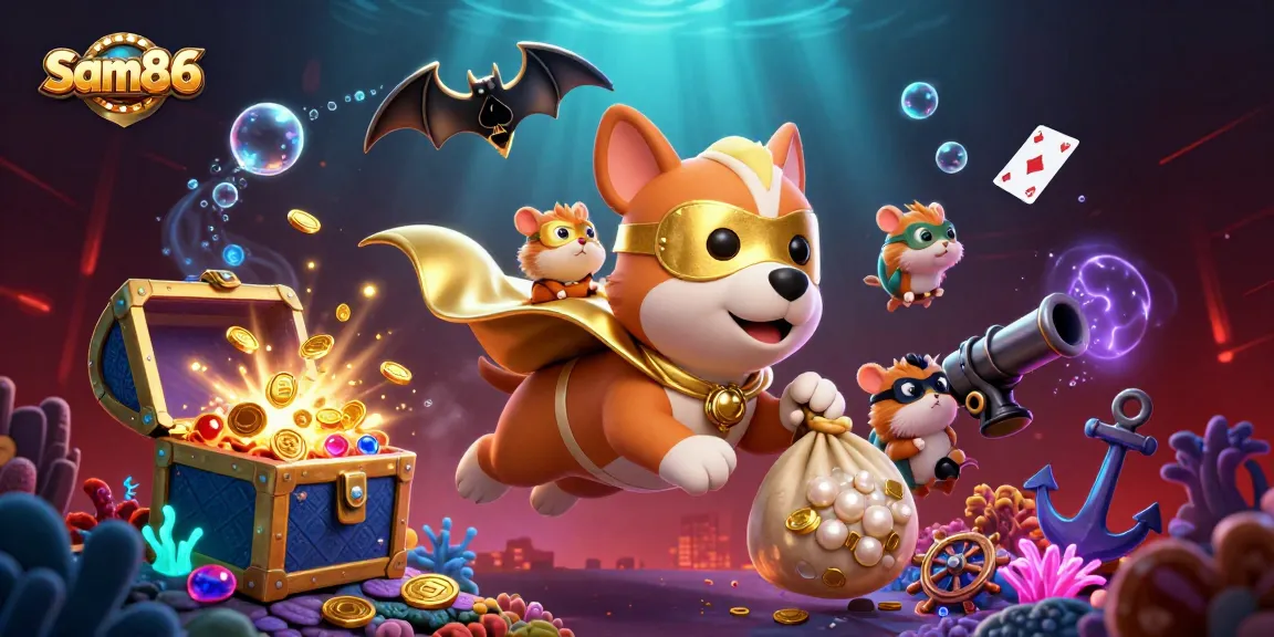 sam86 superhero dog flying with gold coins and poker chip, underwater casino treasure