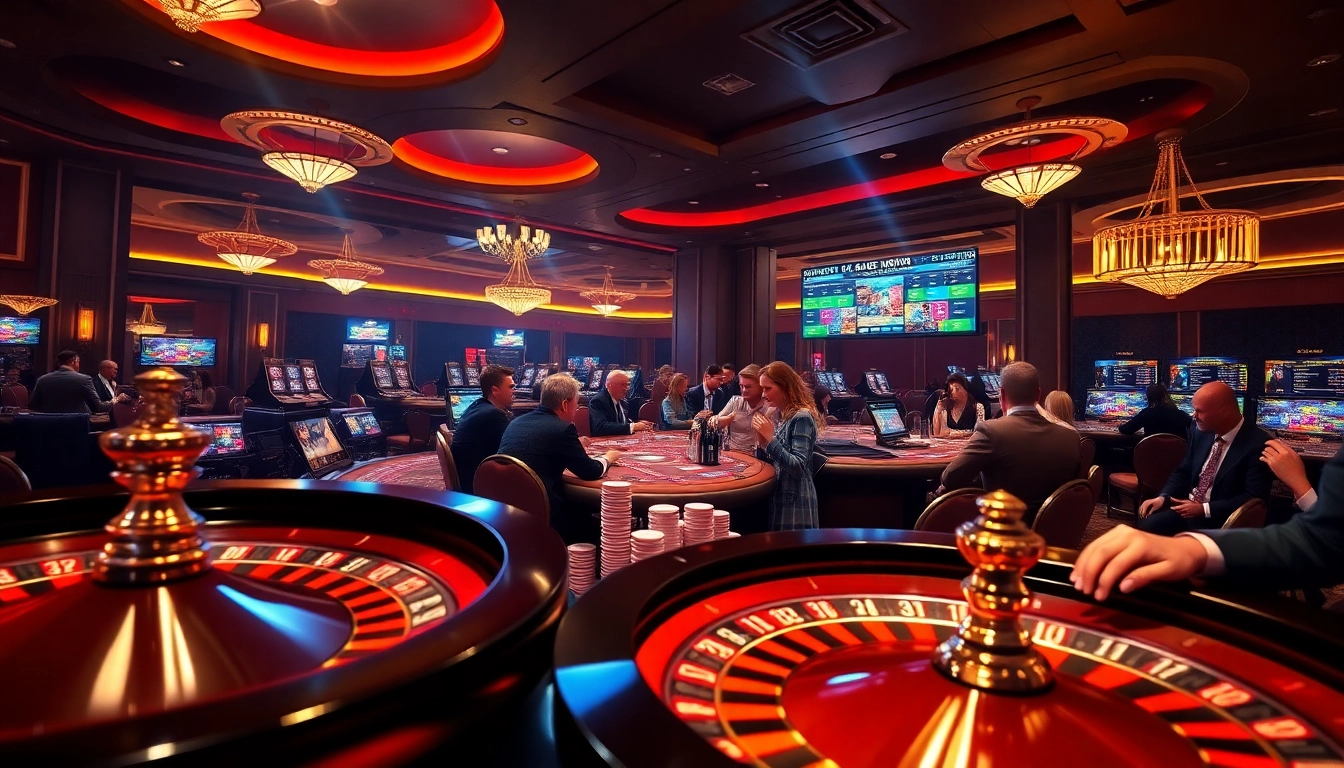 Experience thrilling gaming action at https://tg881.net/ with poker chips, a roulette wheel, and engaging players.
