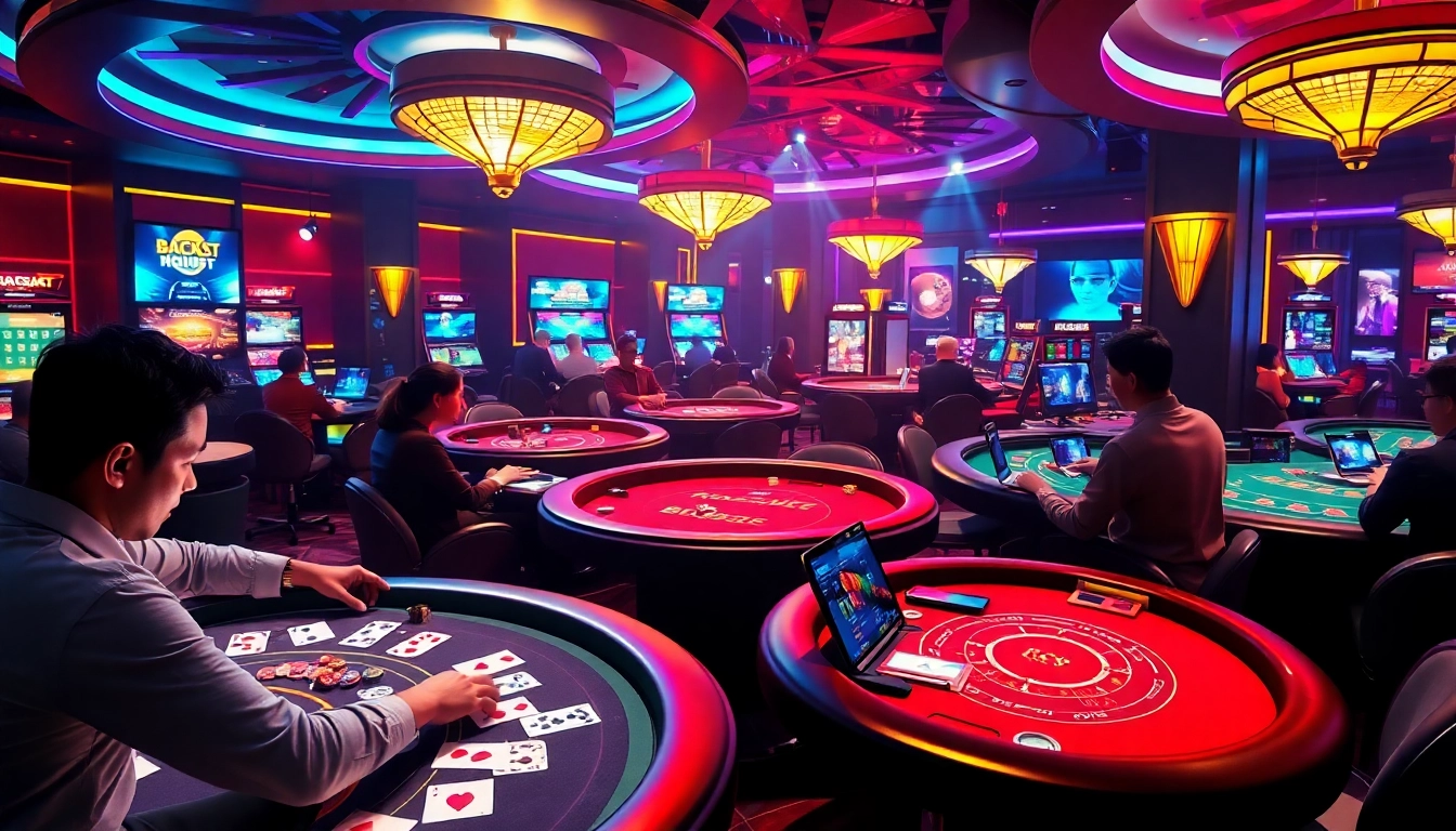 Dynamic online gaming atmosphere with players at virtual tables on gamebaidoithuong.com.vc, showcasing excitement and engagement.