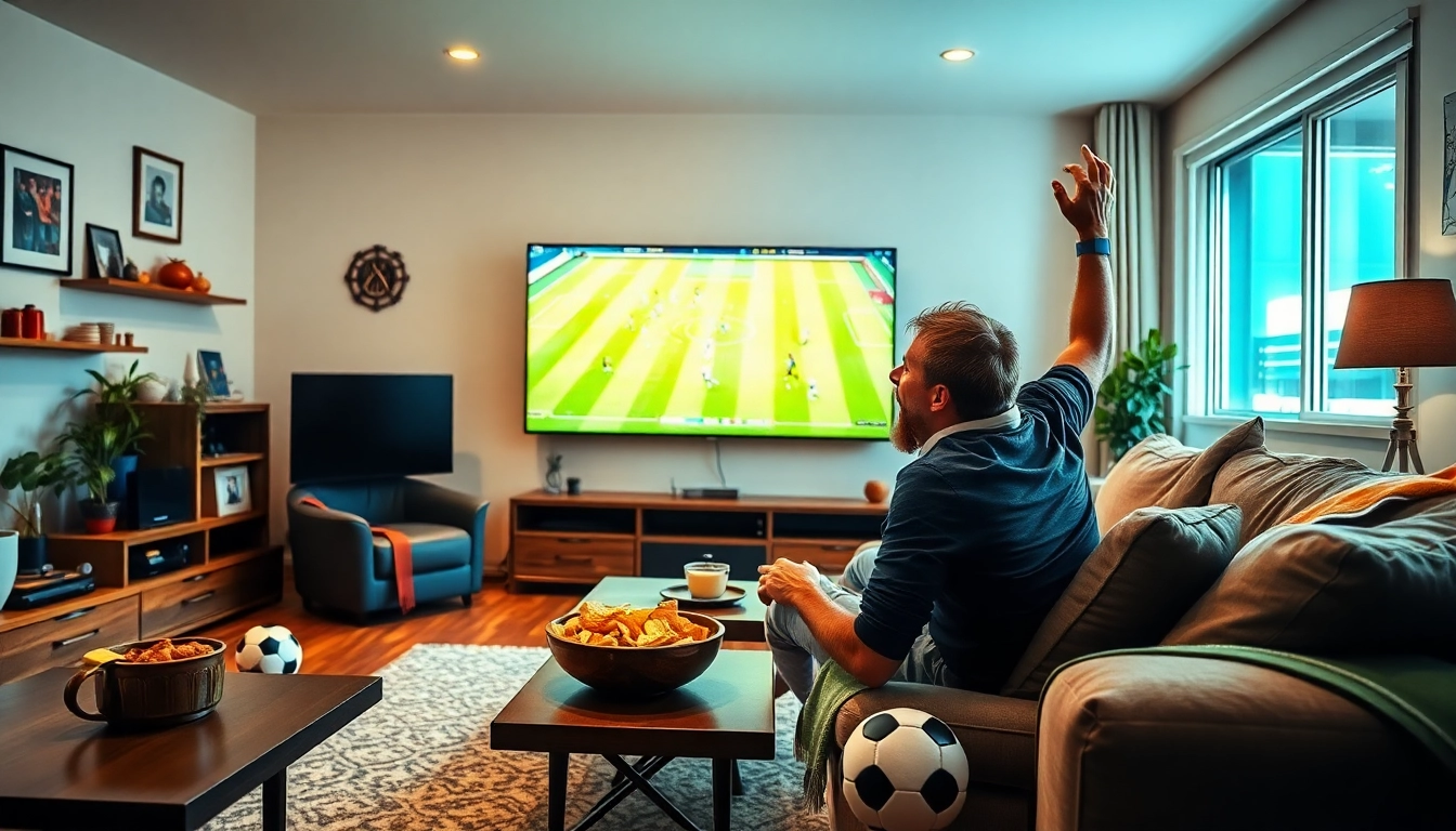 Excited sports fan enjoying a live football match at home, showcasing joemadfan.com passion for football.