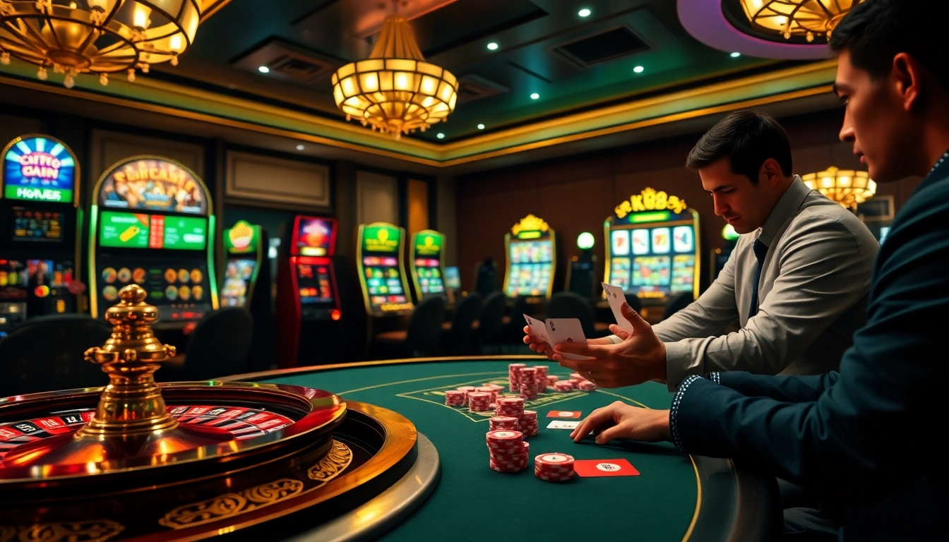 Kp88 players immersed in a thrilling casino atmosphere, featuring poker chips and slot machines.