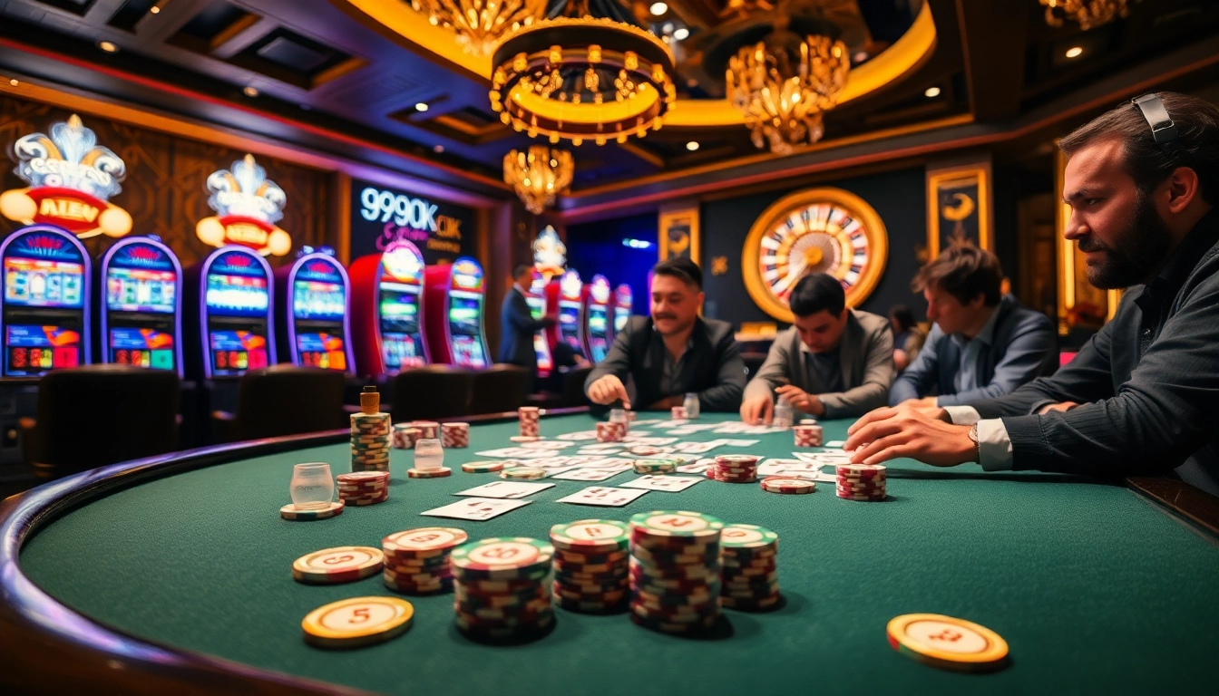 Players enjoying an exciting game of poker at 99ok's luxurious casino environment.