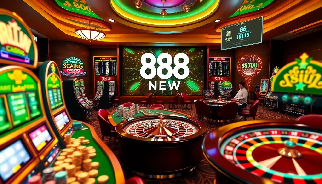 Experience the thrill of 888 NEW with players engaged in online casino games and colorful slot machines.