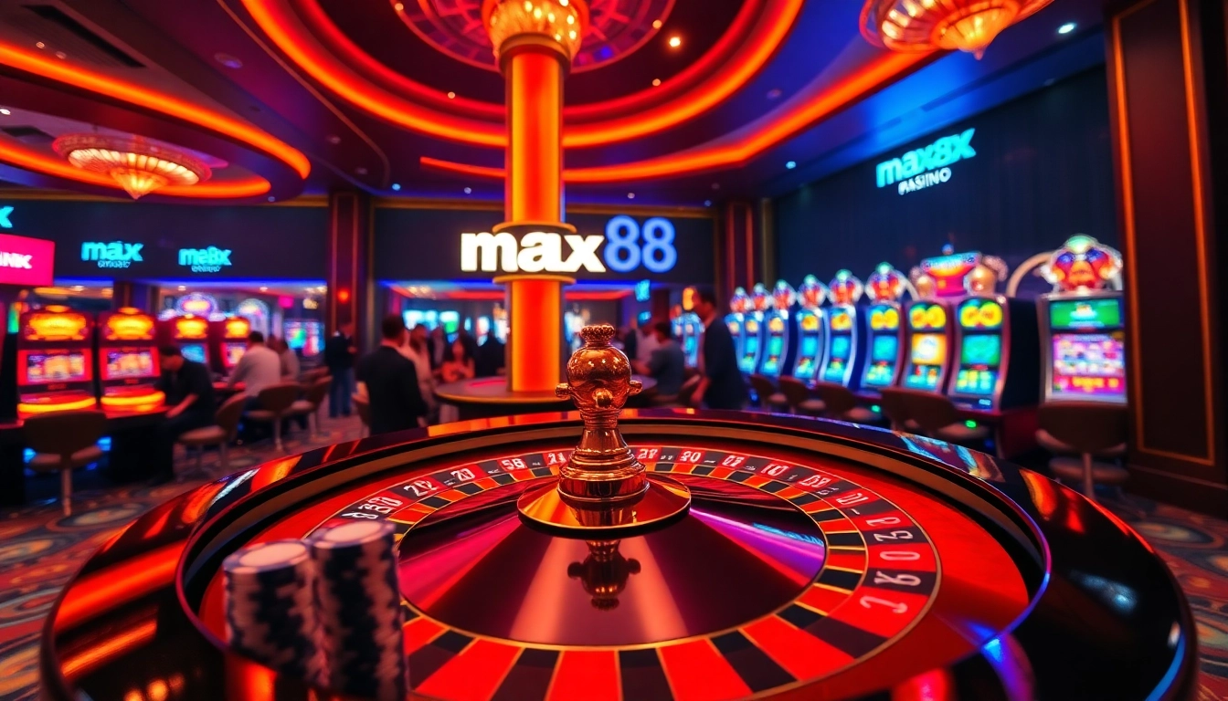 Engage in thrilling gameplay at max88's luxurious casino with vibrant slot machines and a roulette wheel.
