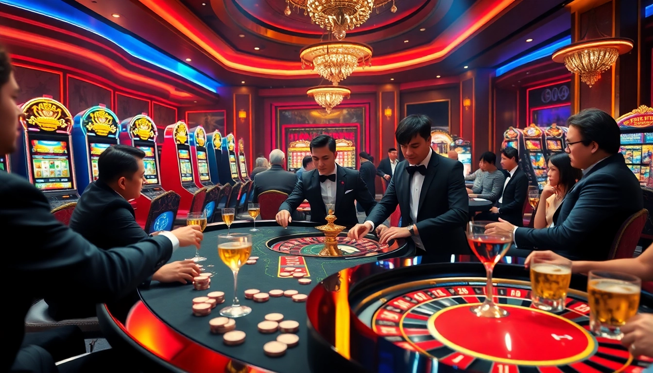 Vibrant scene of players at an elegant casino table engaging in thrilling gameplay, highlighting trang chủ xx88 atmosphere.