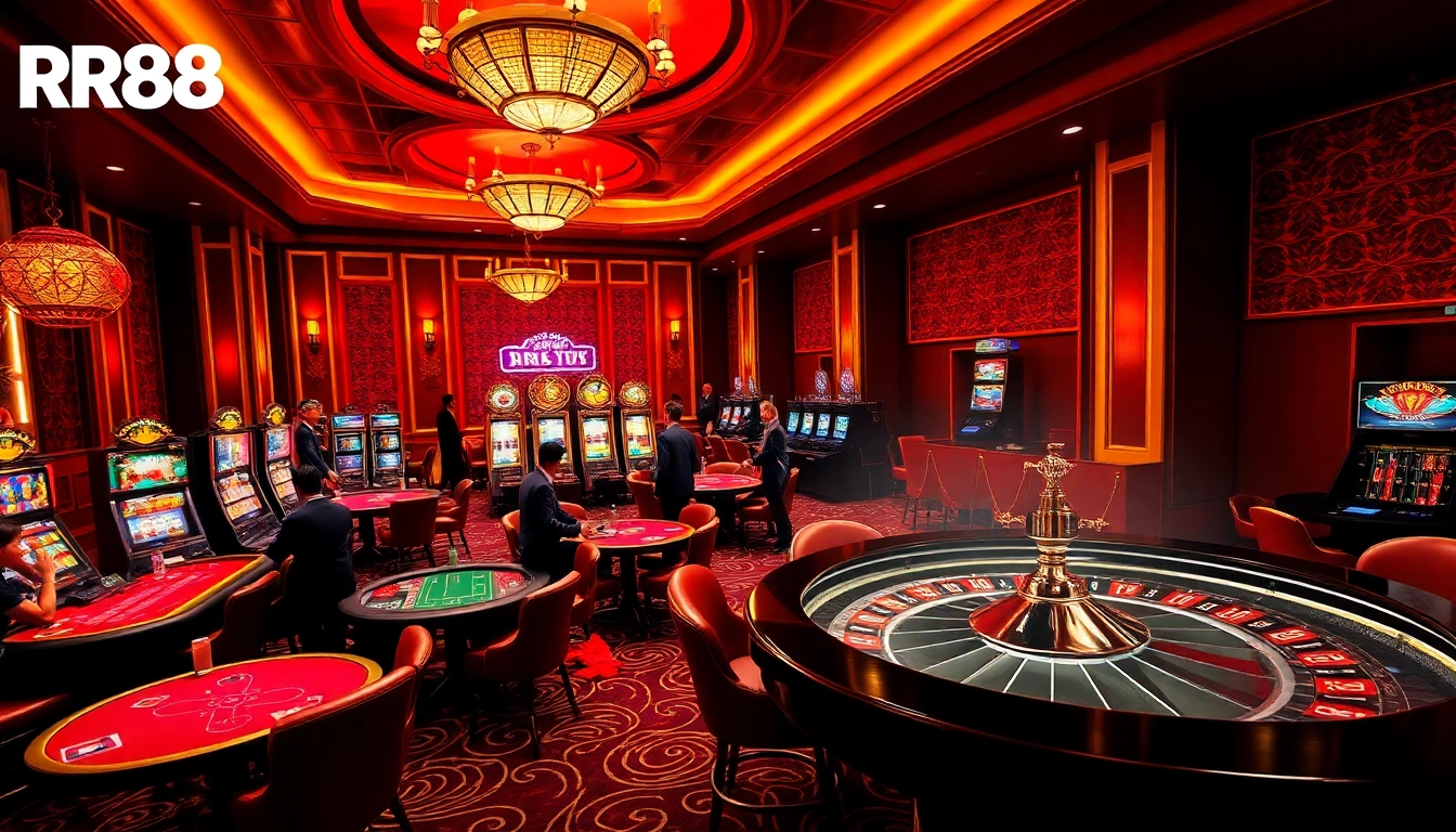 Engage in the exciting RR88 game at a luxurious casino with vibrant gaming tables and slot machines.