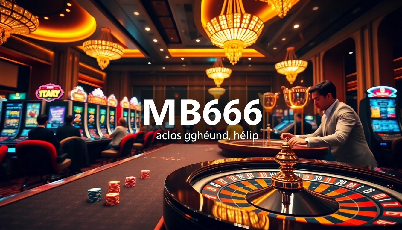 Engage with the vibrant world of casino gaming at MB66 đăng nhập, showcasing poker chips, slots, and roulette.