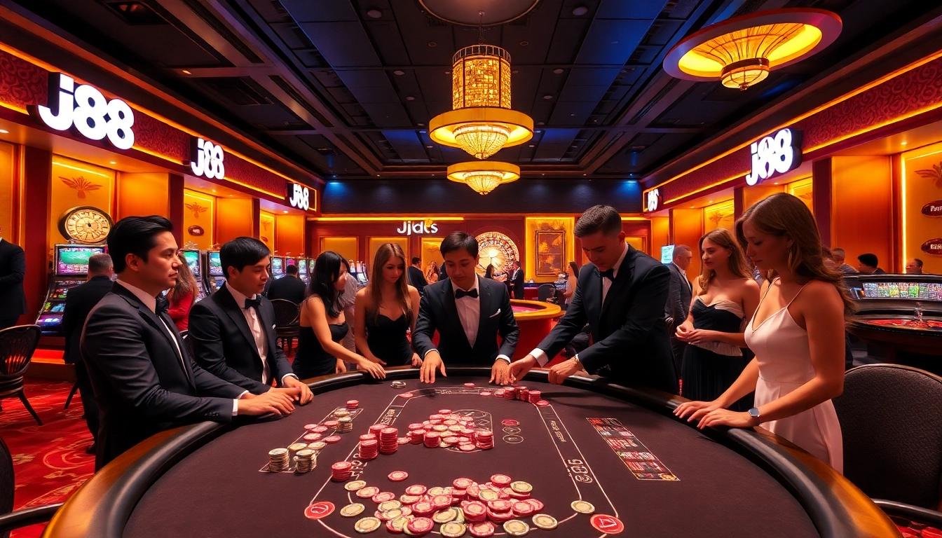 Winning at the j88 casino with vibrant poker tables and luxury gameplay elements.