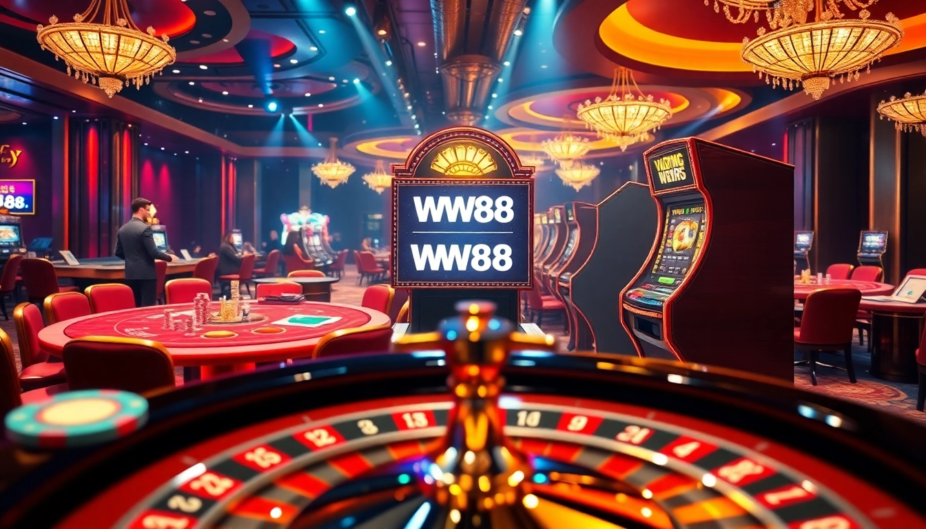 Action-packed WW88 casino scene with elegant gambling tables and modern slot machines.
