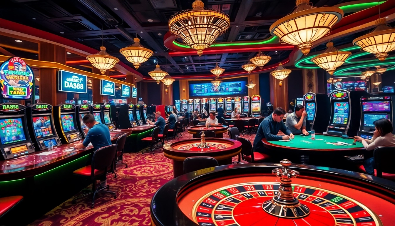 Engaged players enjoying games at https://da88.bot/ casino, featuring vibrant tables and slot machines.