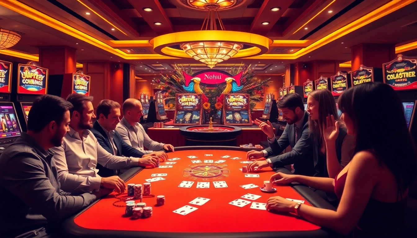 Nohu casino table with poker chips and vibrant cards engaging players in a thrilling game.