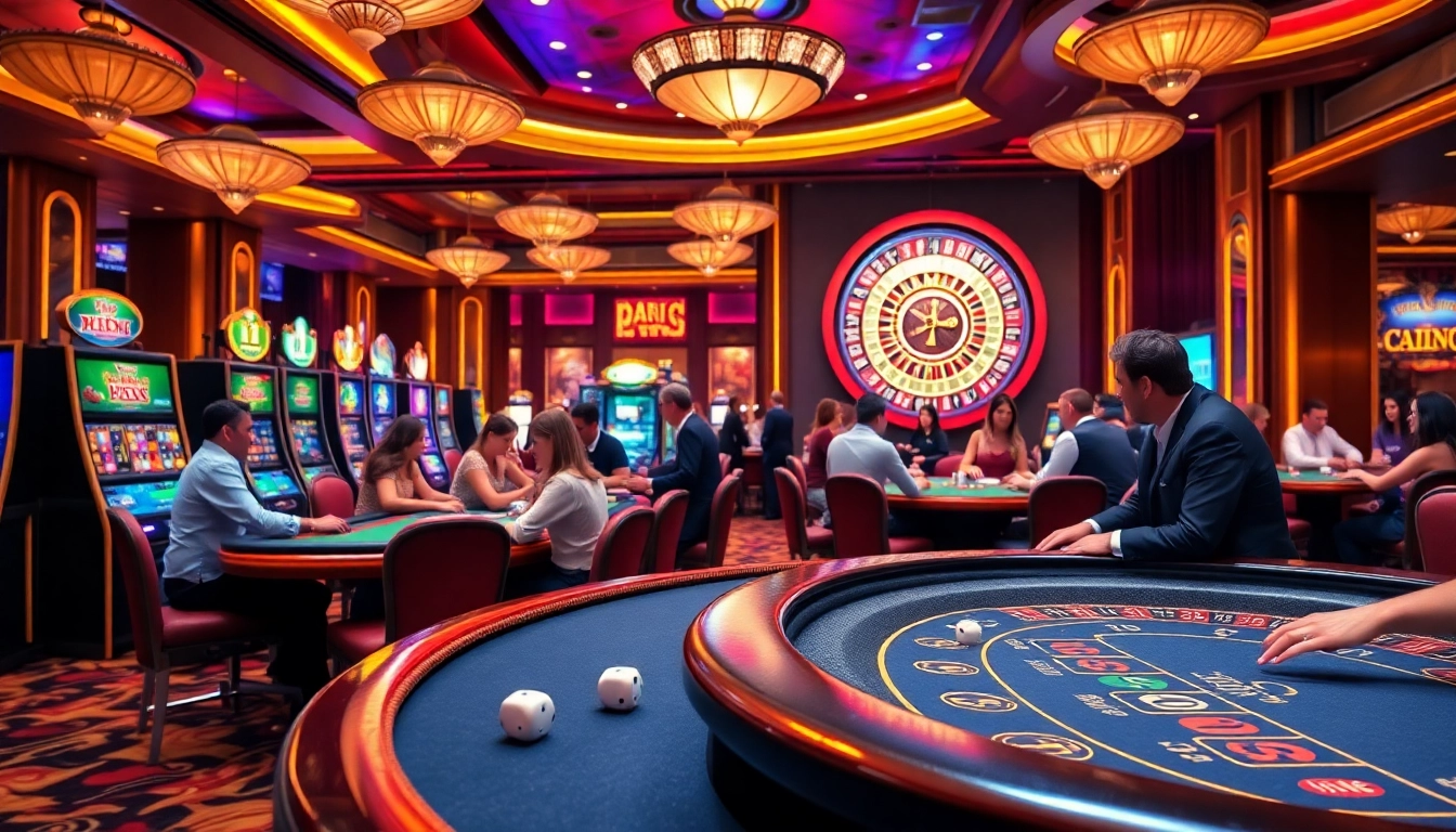 The vibrant atmosphere of vvjl11 com casino with engaged players at tables and slot machines.