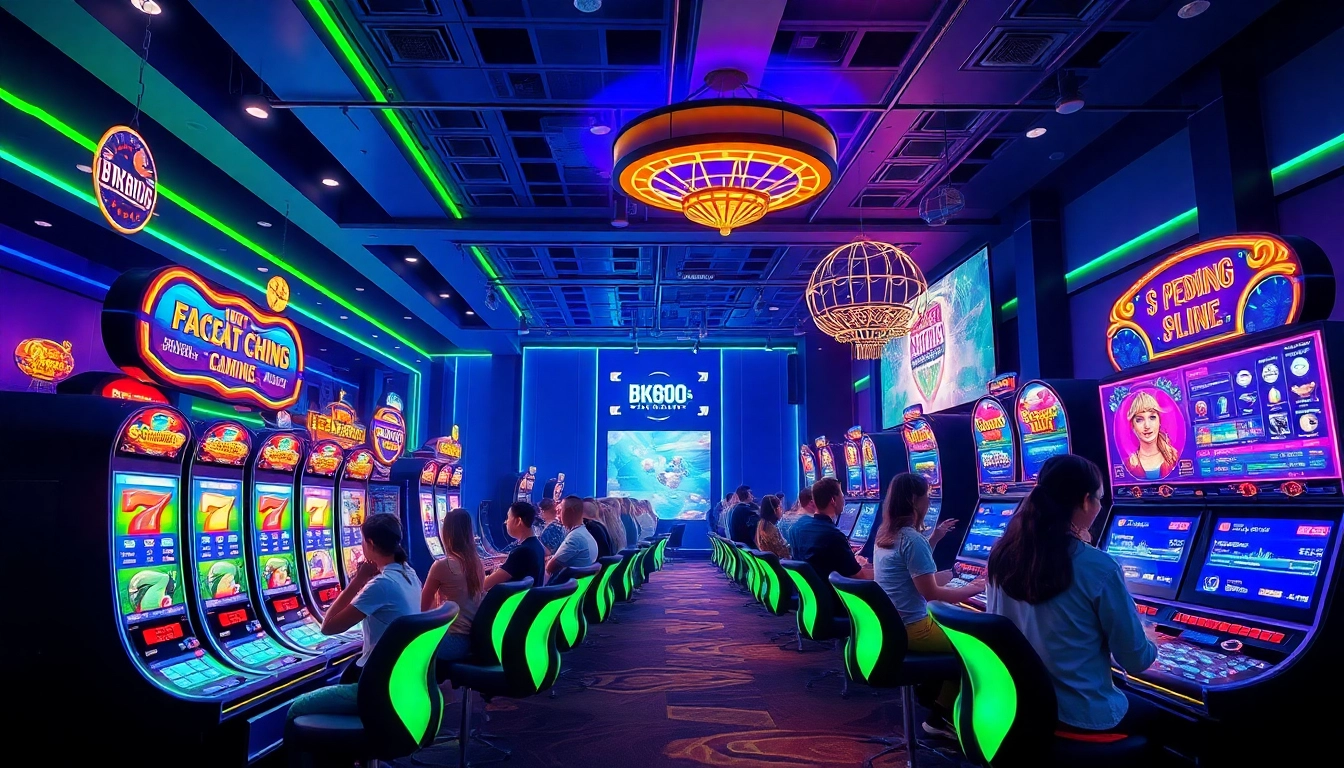 Exciting gaming atmosphere at bk860s.com, showcasing modern slot machines and diverse players.