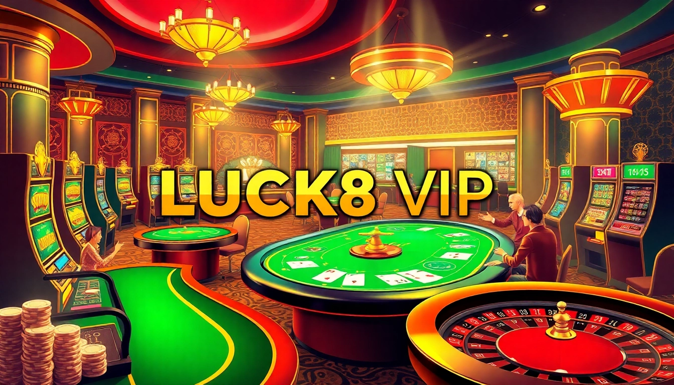 LUCK8 VIP players engage in high-stakes poker in a glamorous casino setting.