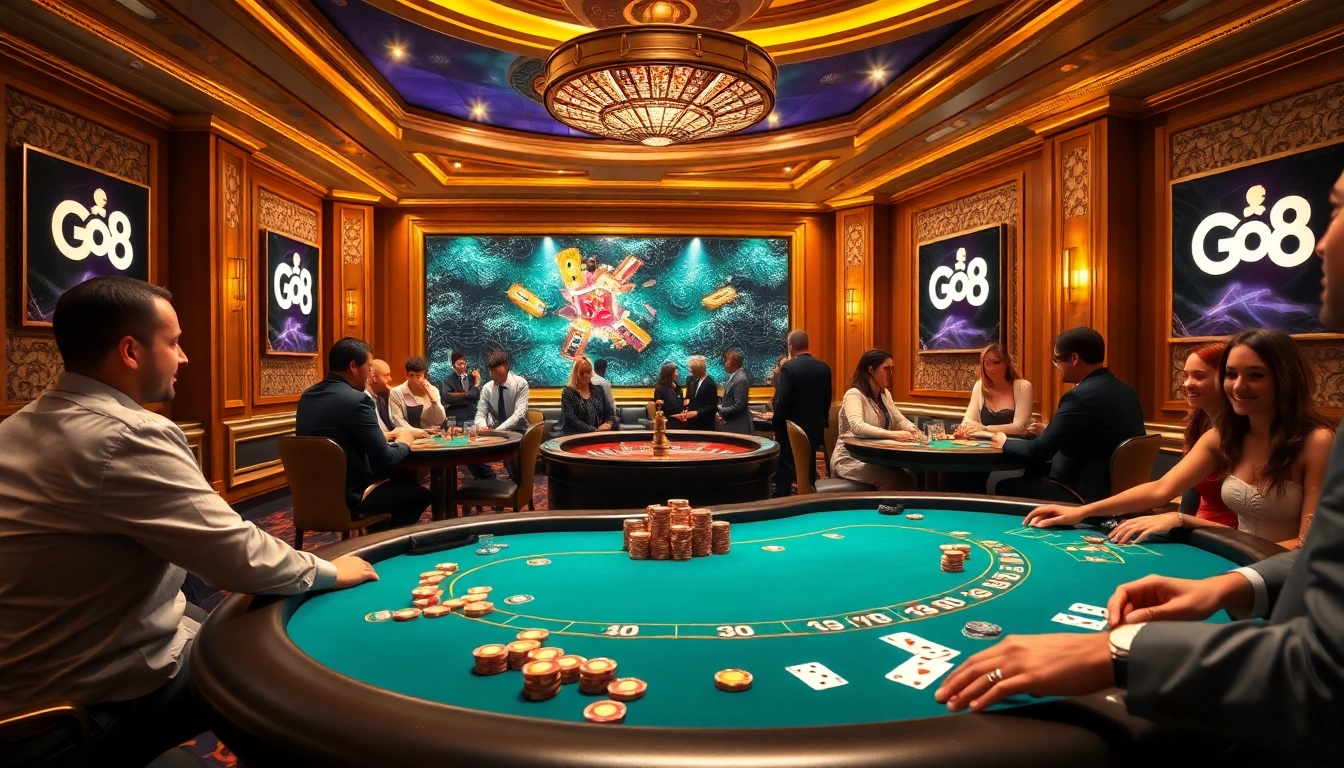 Go8 players engaging in an exciting poker game at a luxurious casino table.