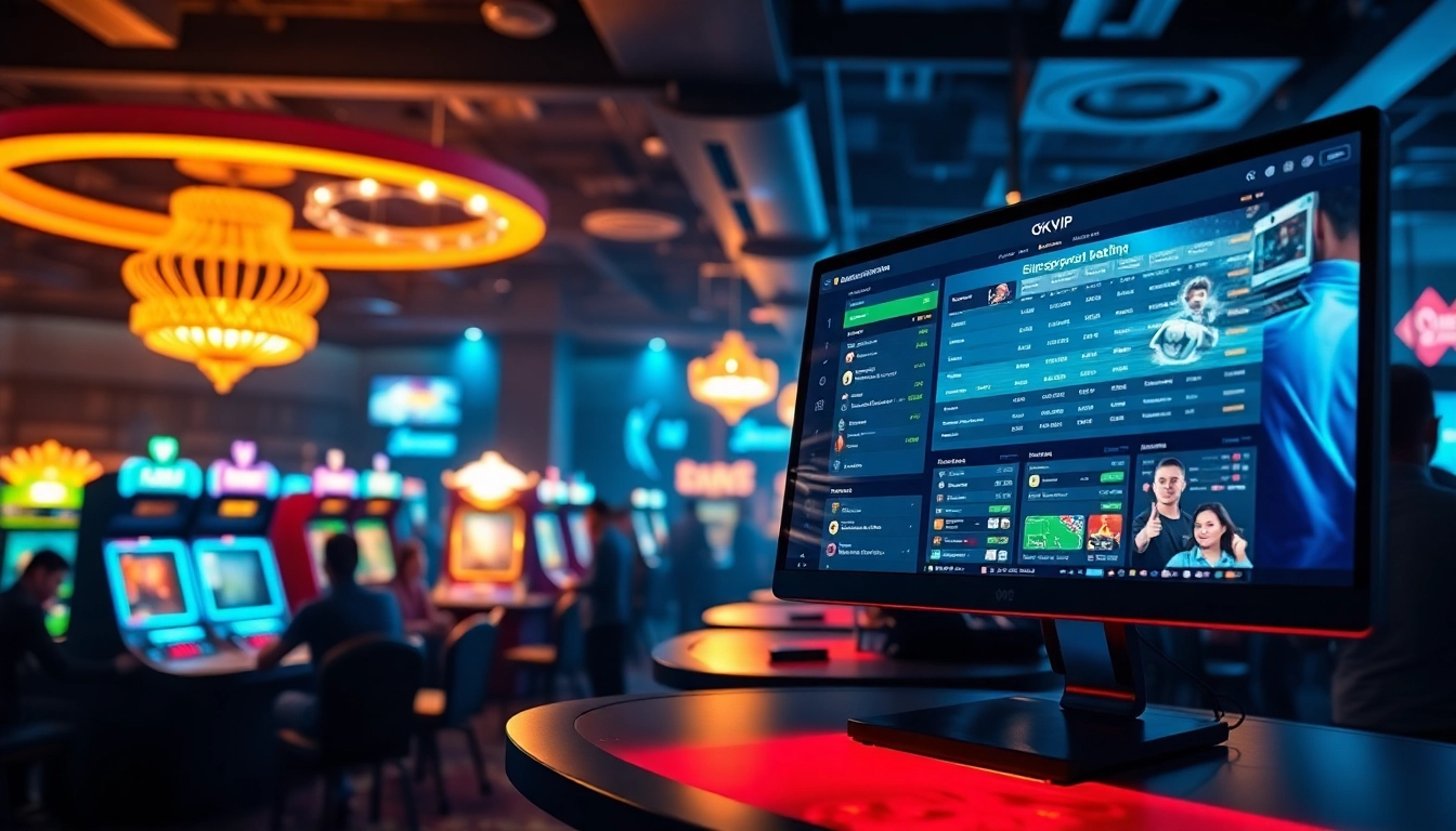 Experience the excitement of okvipwin.live with a dynamic online gaming interface in a vibrant casino setting.