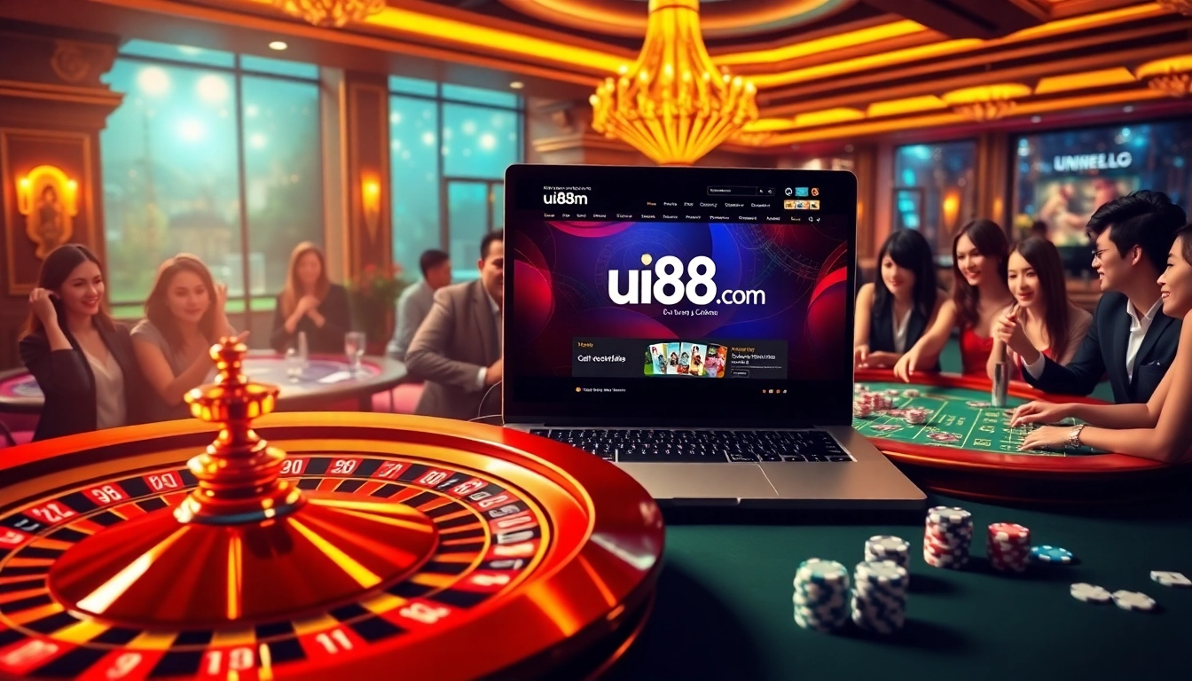 A thrilling roulette game in a luxurious casino showcasing uu88.com on a digital screen.
