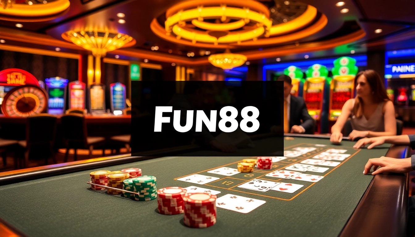 Exciting players enjoy gaming action at Fun88 link online casino with vibrant chips and cards.