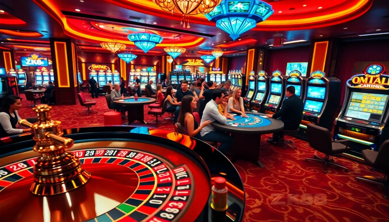 ZK88 players engaged in exciting games at a luxury casino with vibrant tables and slots