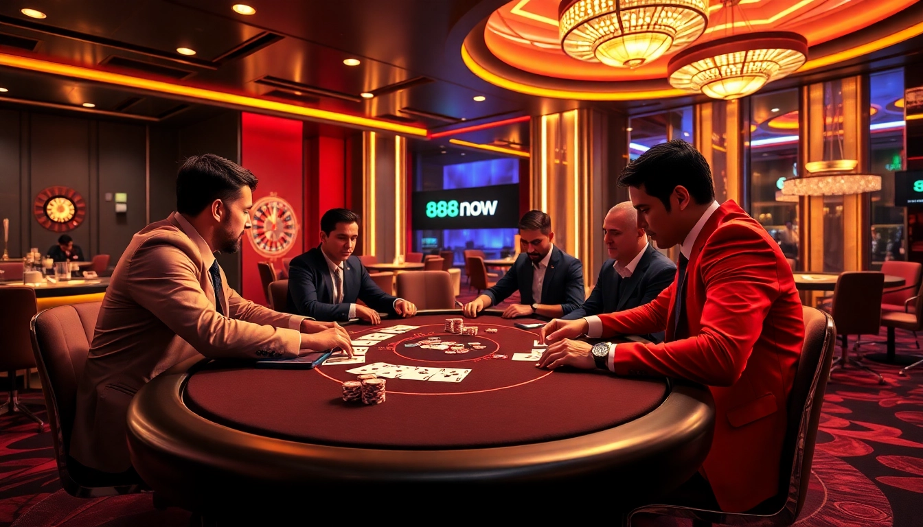Intense poker action at a luxury casino table showcasing 888now gaming allure