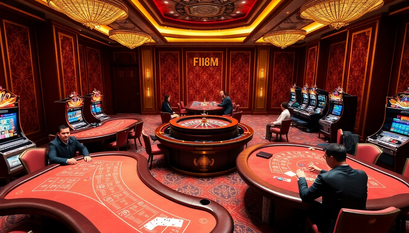 Exciting gaming atmosphere at F168 OKVIP casino with players winning at baccarat and roulette.