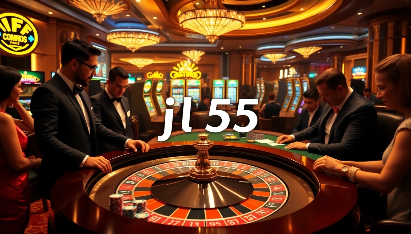 Experience thrilling gameplay at the jl55 casino, where players gather around roulette tables and poker games.