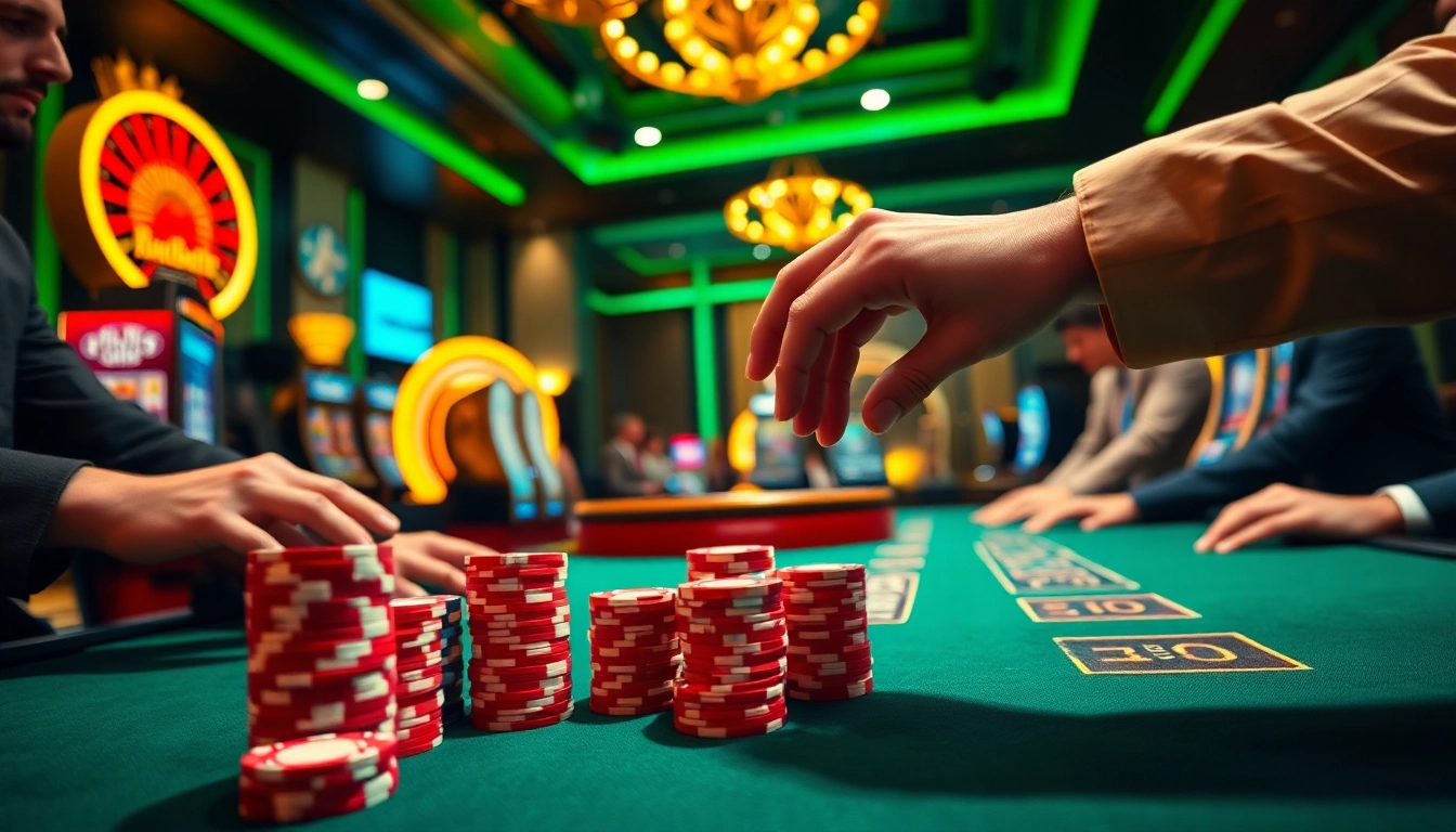 Experience high-stakes card games at s666 casino with vibrant chips and a spinning roulette wheel.
