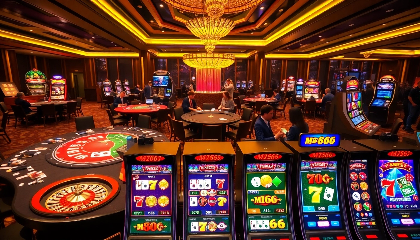 Players enjoying high-stakes games at an MB66 casino, with vibrant tables and slot machines.