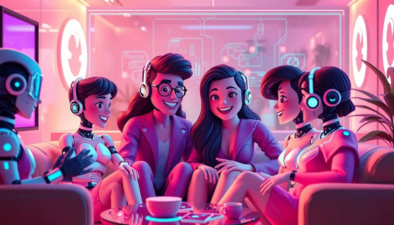 Engaging scene of diverse AI characters embodying the concept of sex AI in a digital lounge.