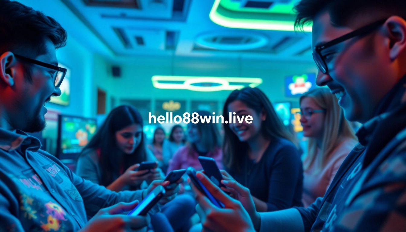 A diverse group of players enjoying the immersive hello88win.live gaming experience on high-tech devices.