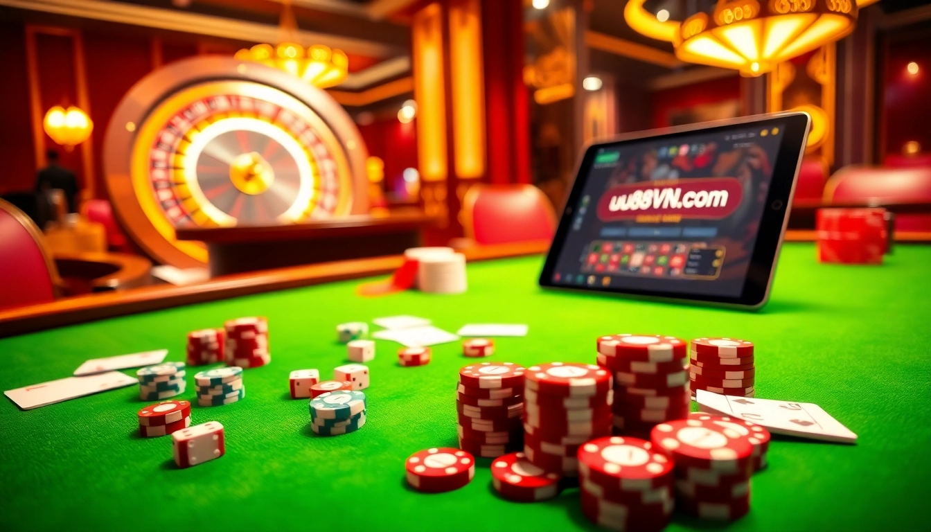 Exciting poker scene at a casino table at uu88vn.com showcasing vibrant gameplay with chips and cards.