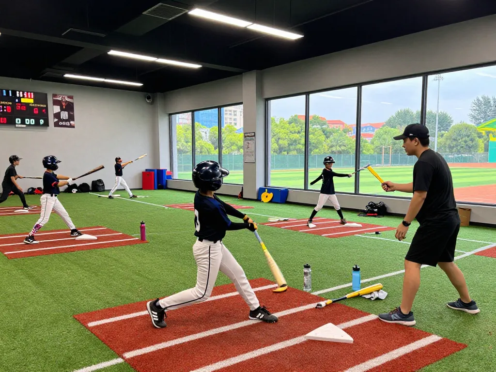Hitclub baseball training scene with young athletes practicing at a modern facility