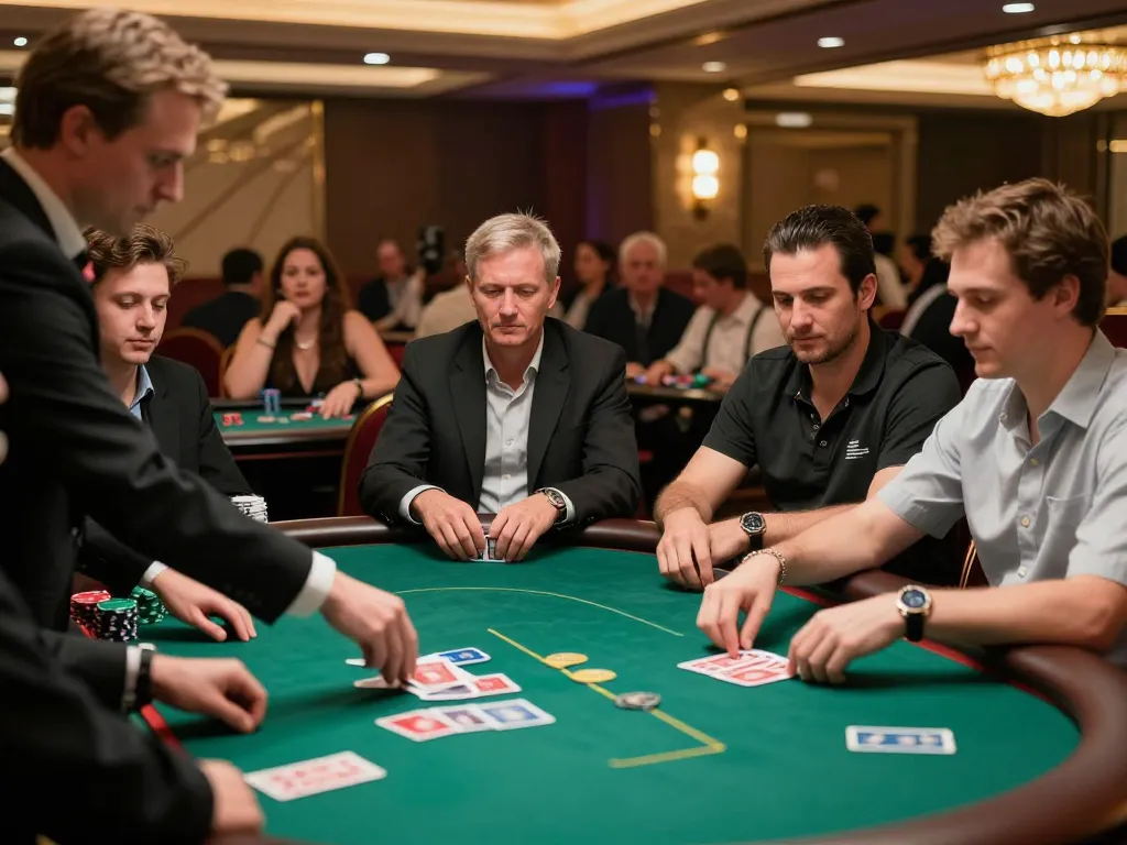 Engaged players navigating GEM88 poker game at upscale casino with dynamic atmosphere.