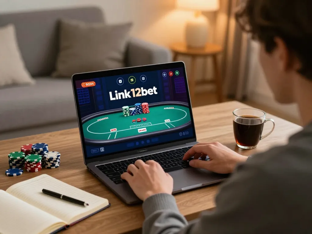 Cảnh chơi game trực tuyến hấp dẫn với Liên Kết 12bet hiển thị trên laptop trong một buổi chơi poker tại nhà.