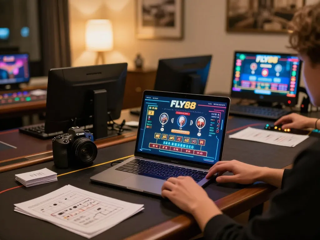 FLY88 player engaged in live dealer games at a modern online gaming setup, showcasing strategic gameplay.