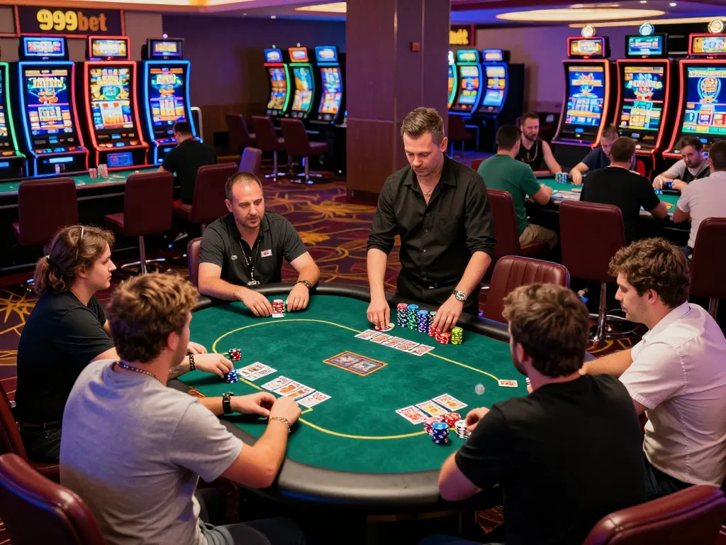 Players enjoying a poker game at 999bet on a lively casino floor