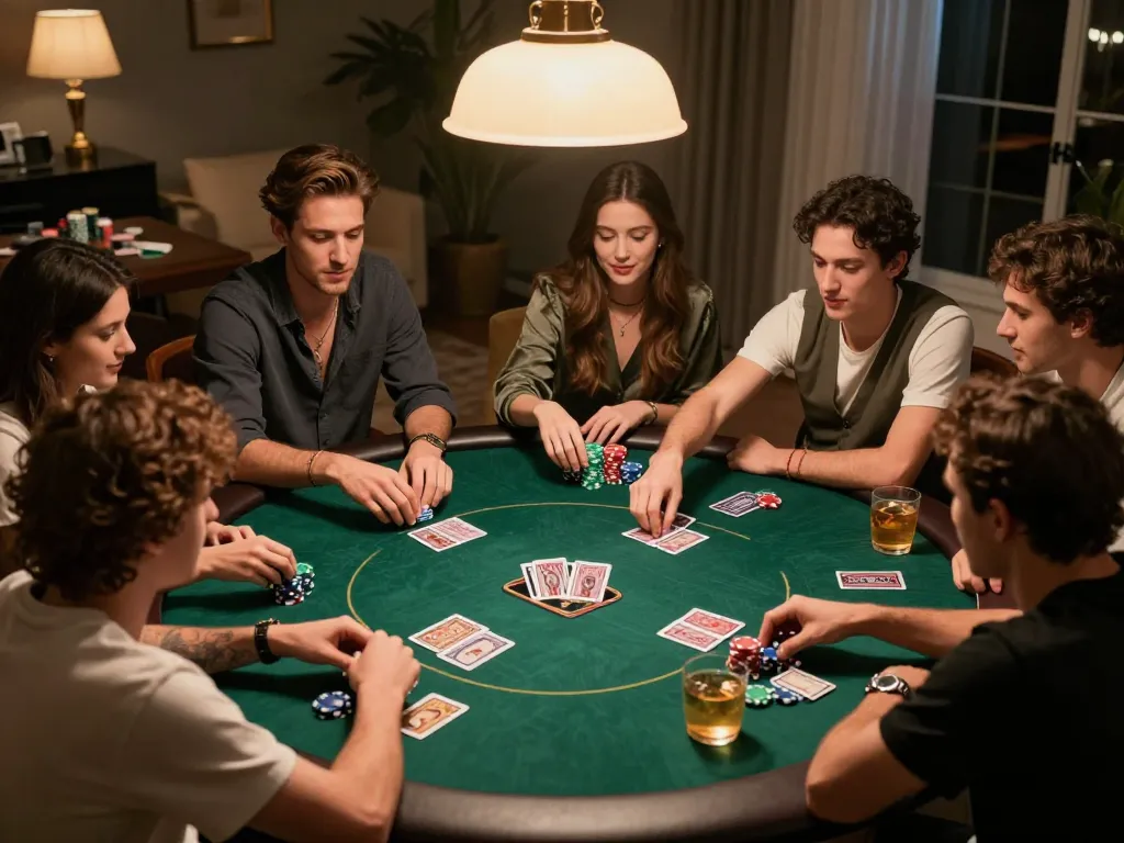 Engaging home poker night scene with friends enjoying KJC coffee and intense gameplay.
