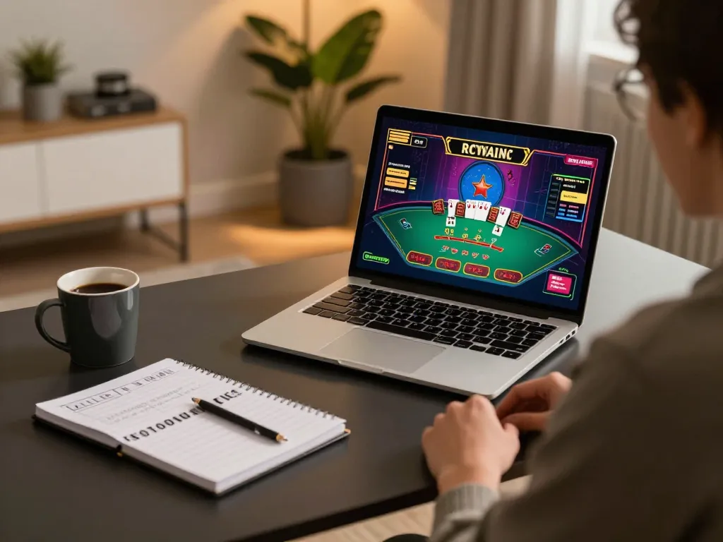 Engaging in an online blackjack game with a laptop and strategy notes, showcasing debet insights.