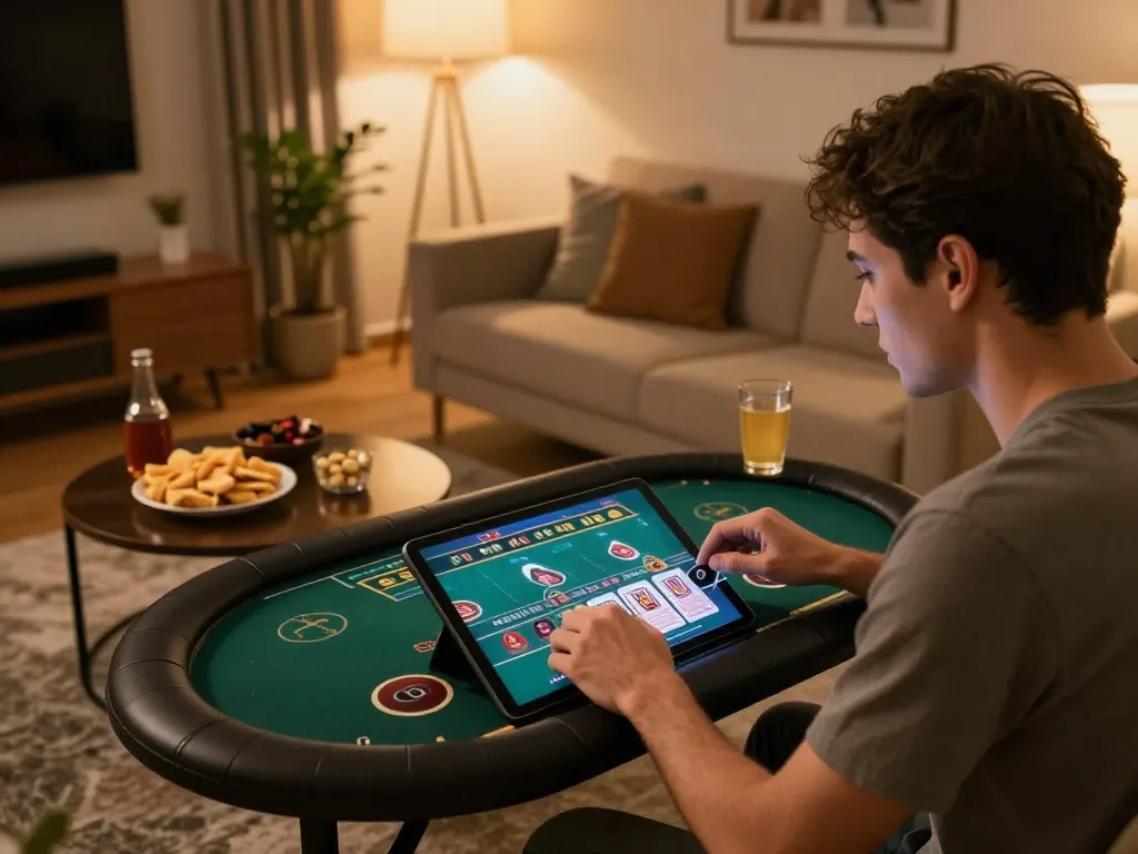 Engaged player enjoying cổng game bài đổi thưởng on a tablet, creating a vibrant home gaming atmosphere