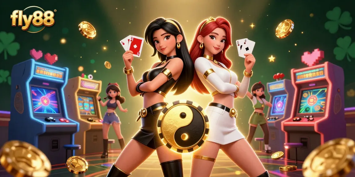 Engage in thrilling gameplay at fly88 with twin Asian women poised for action with playing cards.