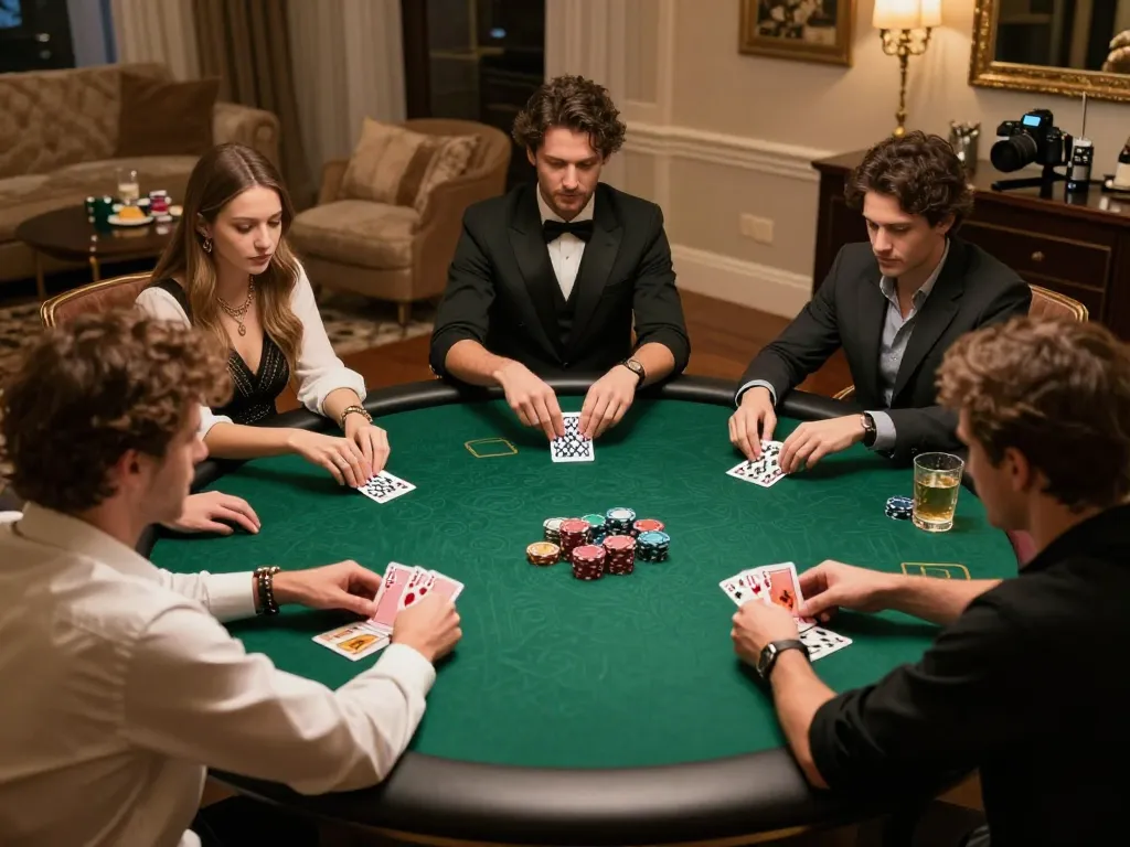 Engaging in a strategic poker game at OPEN88, featuring elegant decor and focused players.
