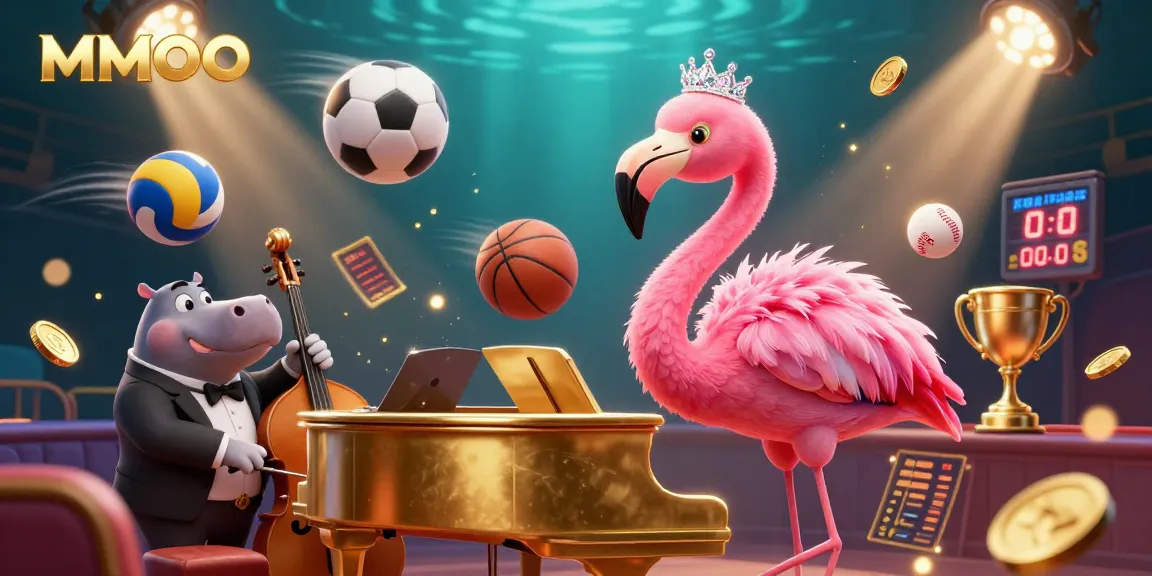 Experience MMOO's vibrant casino ambiance with dynamic characters, sports elements, and a captivating golden backdrop.