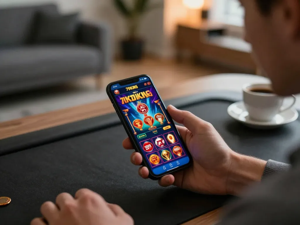 Player using 79KING app on smartphone in modern home setting for online gaming.