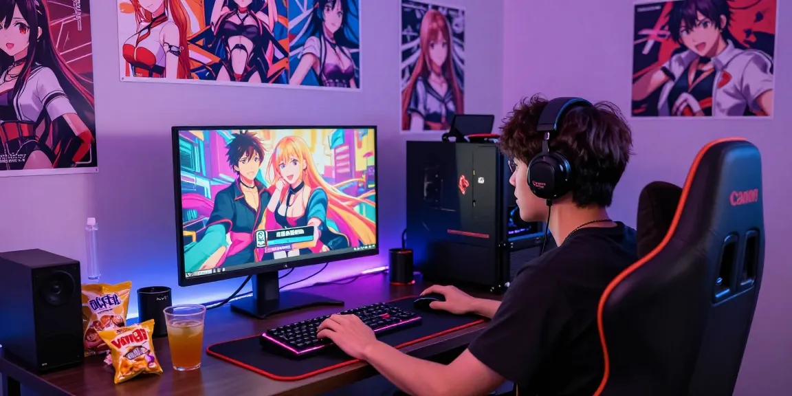 Engaged gamer playing free ecchi games on a vibrant desk setup with colorful lighting and accessories.
