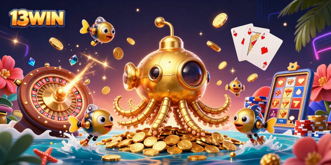 Experience the excitement of 13WIN with a vibrant scene of dynamic casino action and golden treasures.