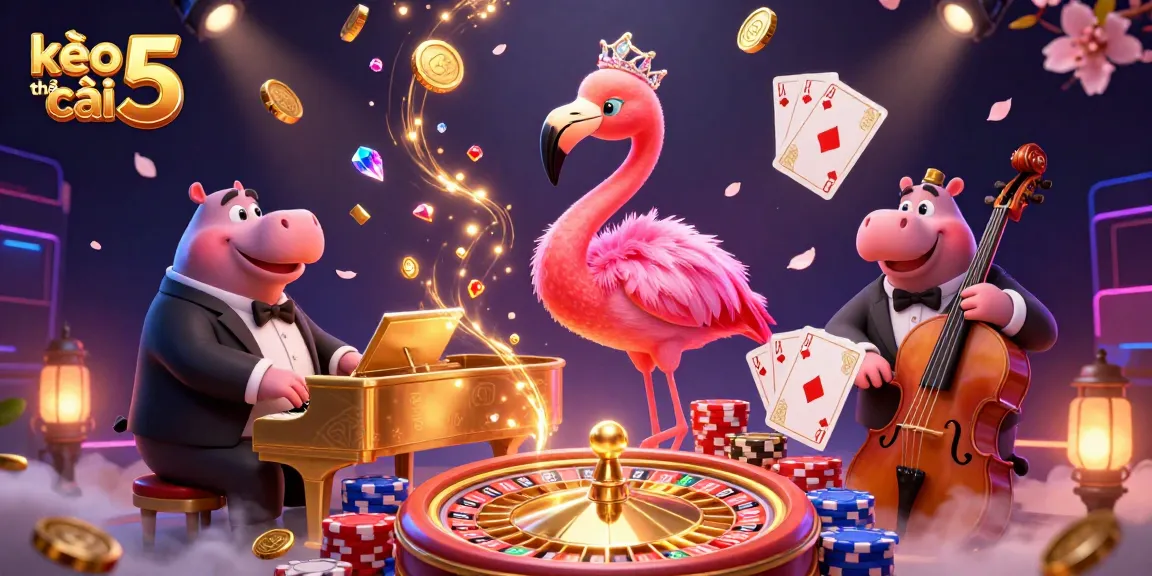 Kèo nhà cái 5 showcases a vibrant 3D casino scene with a flamingo singer and hippo bassist, dancing golden coins, and dynamic casino elements.