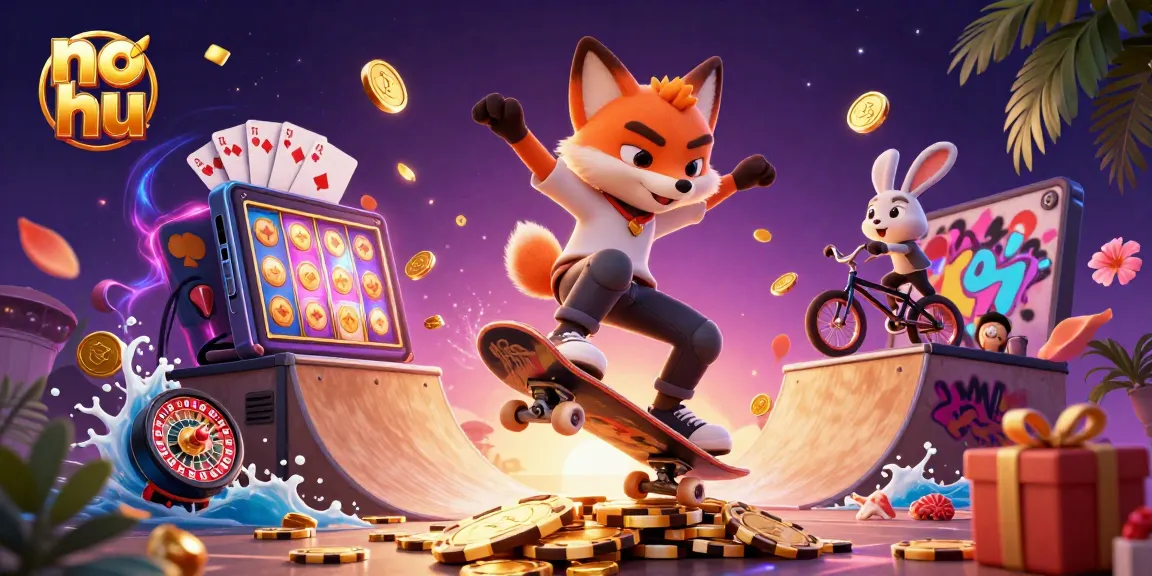 No hu game illustration showing a skateboarder fox and BMX rabbit amidst vibrant casino elements