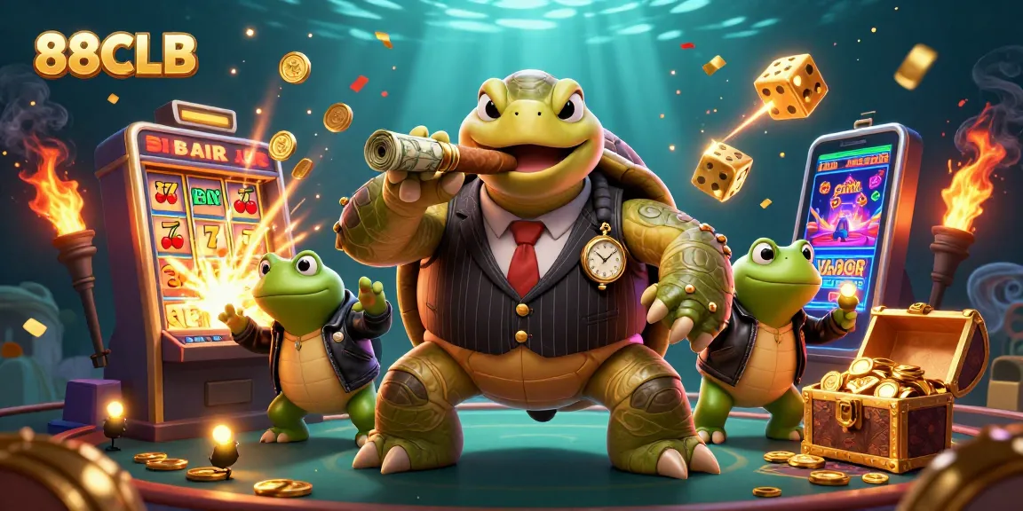88CLB showcases a lively 3D casino scene with a snapping turtle and playful bullfrogs amidst golden jackpots.