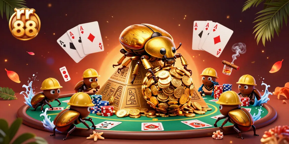 Engage with rr 88 as a golden beetle rolls coins amidst vibrant casino elements.