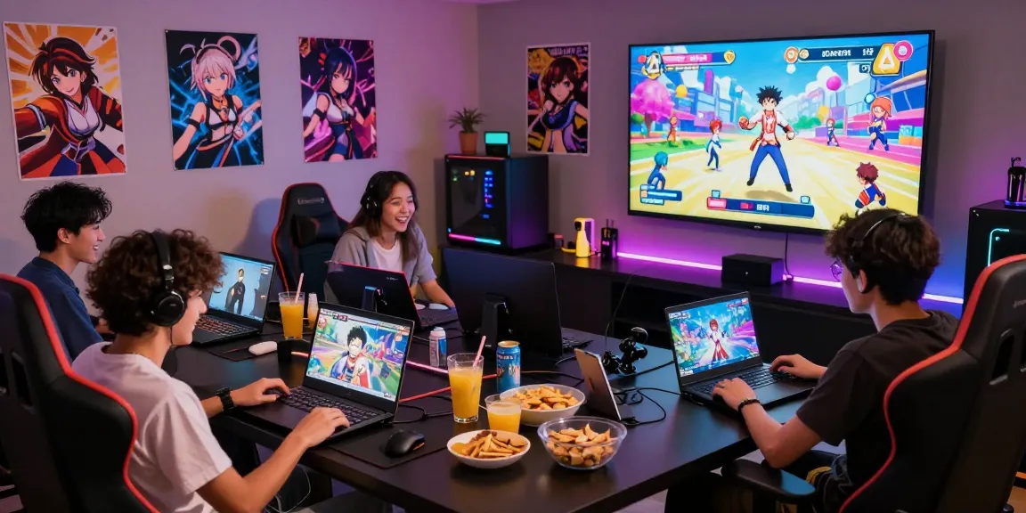 Engaging group of friends playing ecchi games online in a vibrant gaming lounge.